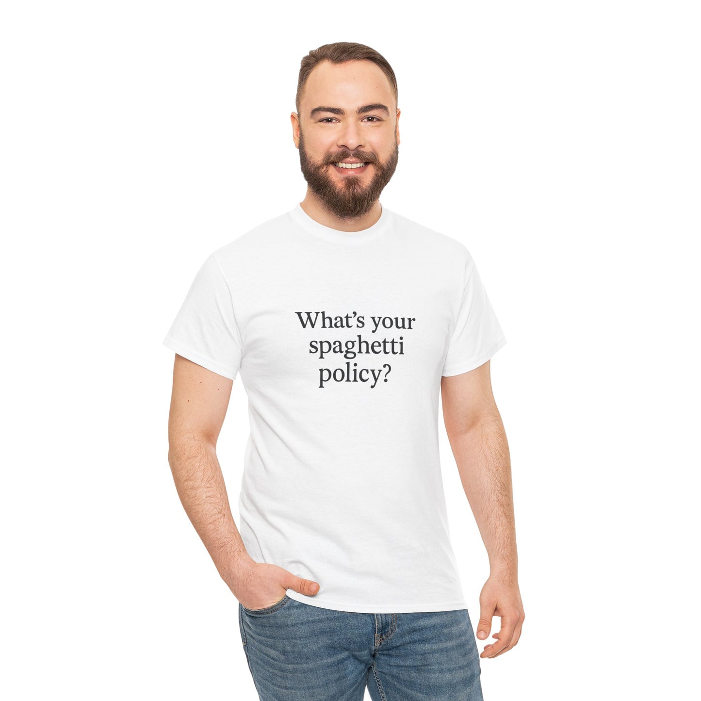 Funny Unisex Heavy Cotton Tee - 'Spagetti Policy?' Graphic T-Shirt