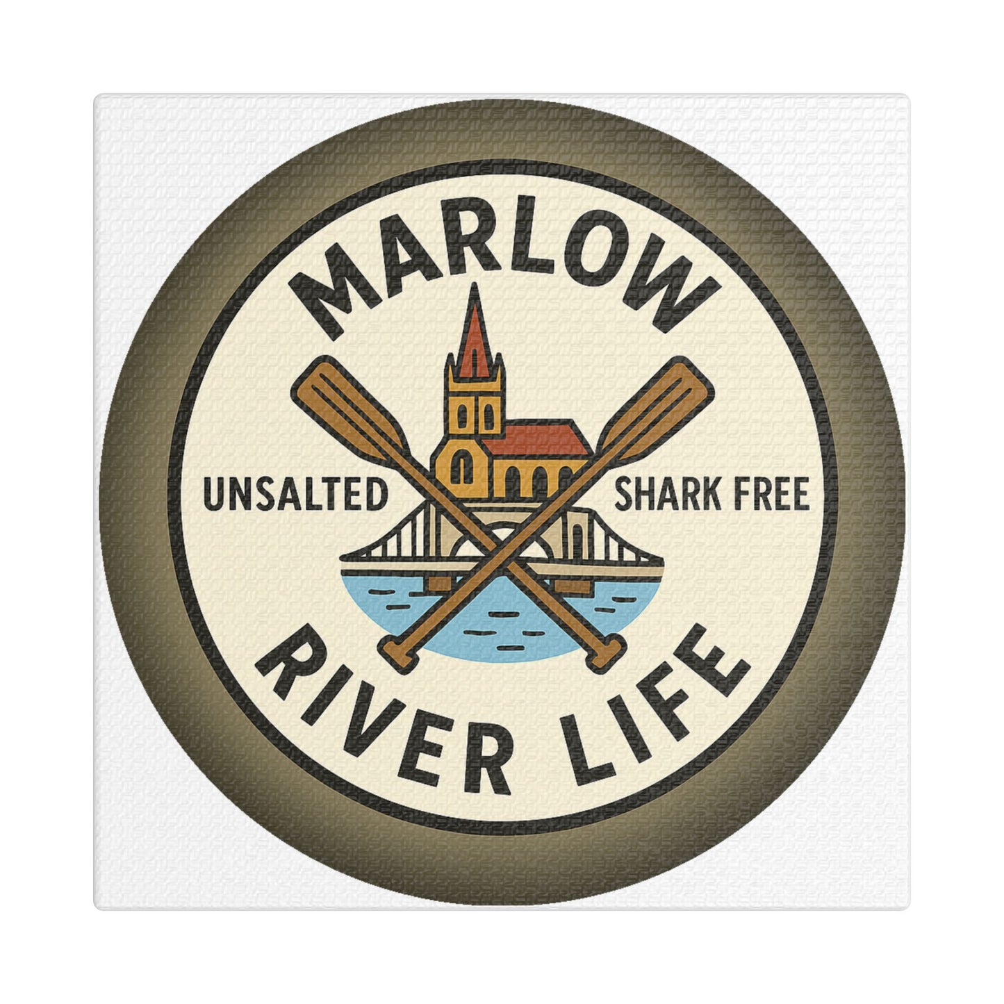 Satin Canvas Wall Art - Marlow River Life with Church and Bridge