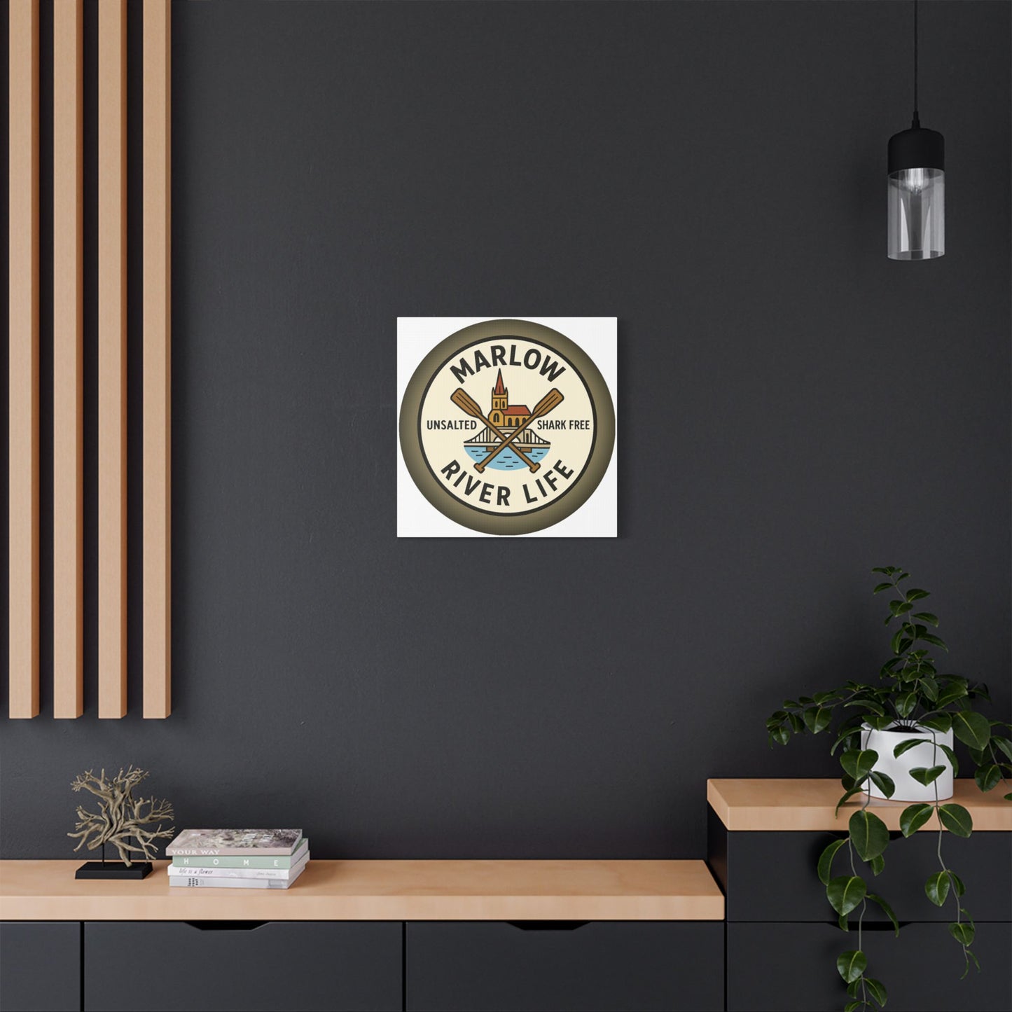 Satin Canvas Wall Art - Marlow River Life with Church and Bridge