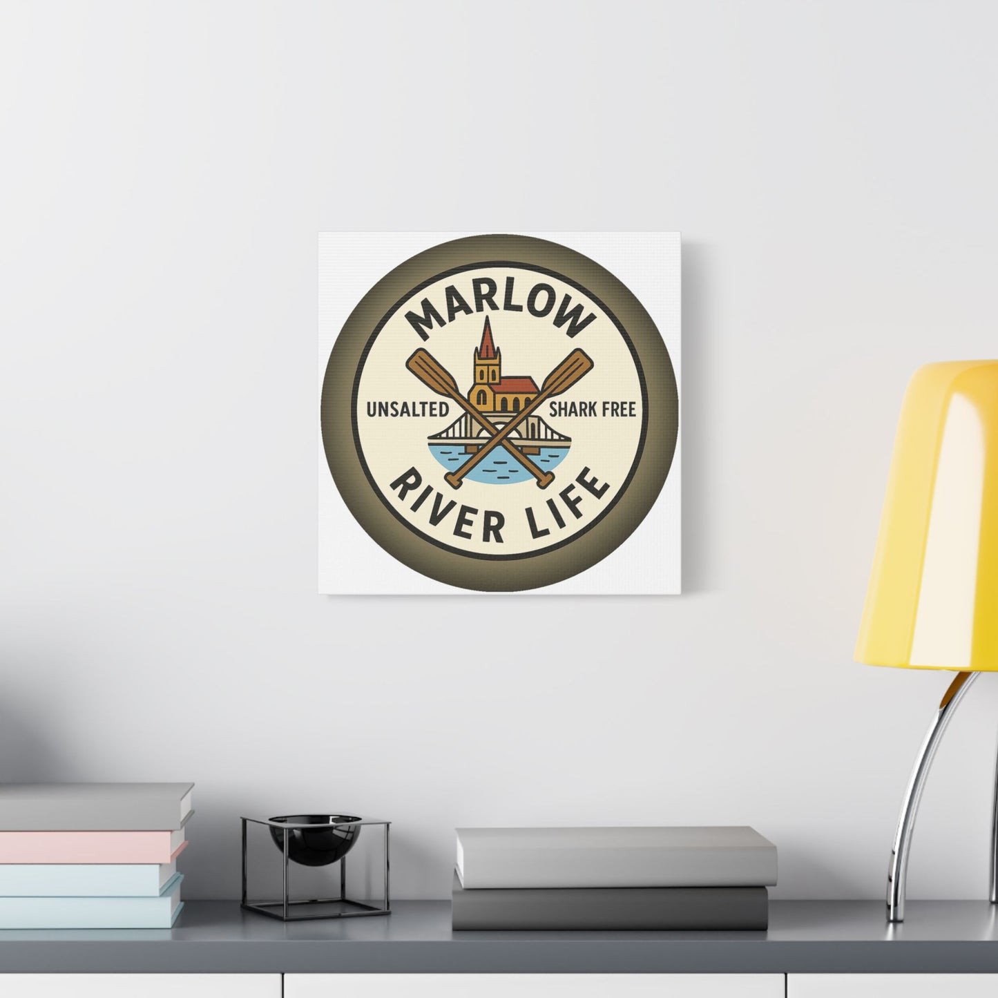Satin Canvas Wall Art - Marlow River Life with Church and Bridge