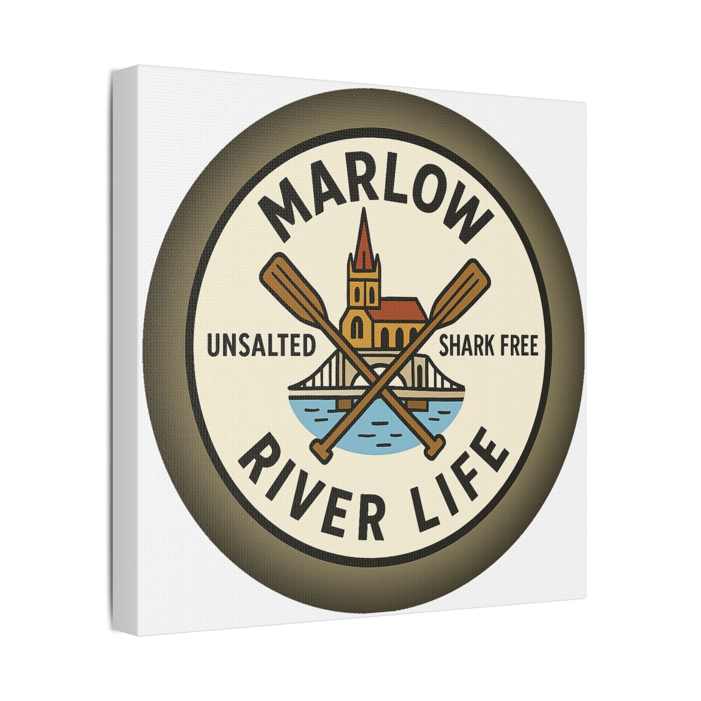 Satin Canvas Wall Art - Marlow River Life with Church and Bridge