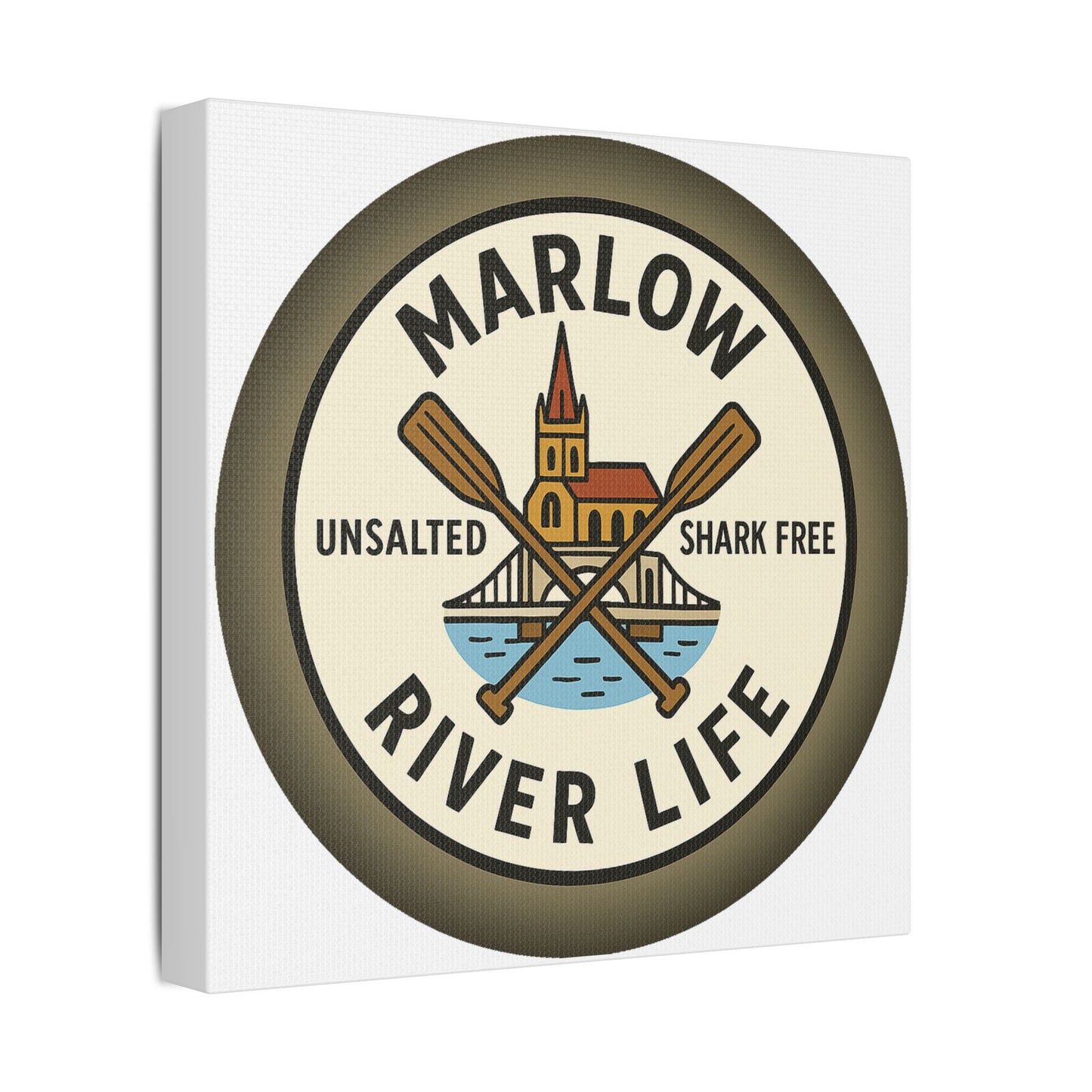 Satin Canvas Wall Art - Marlow River Life with Church and Bridge