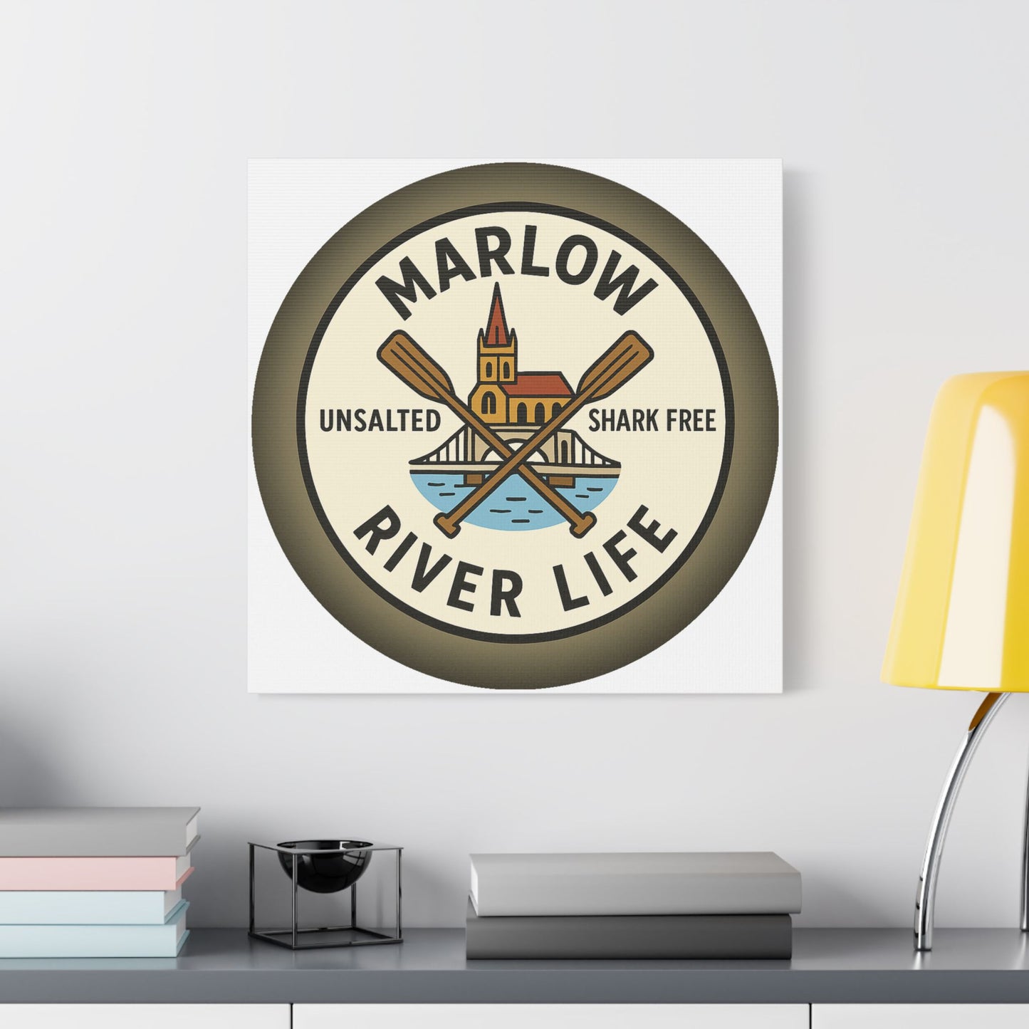 Satin Canvas Wall Art - Marlow River Life with Church and Bridge