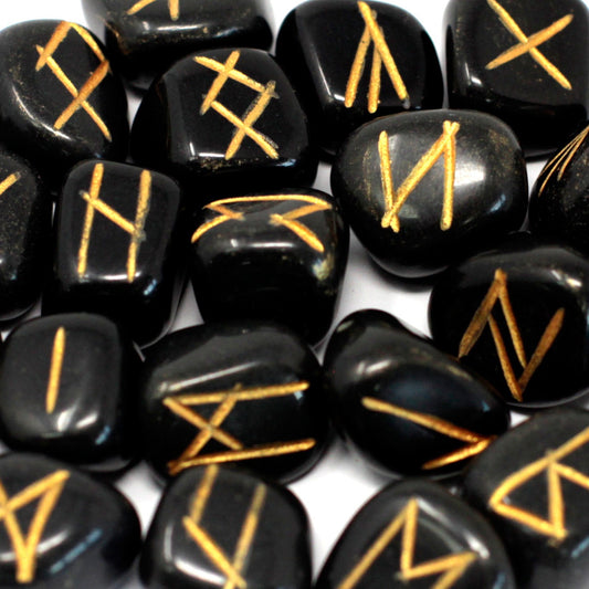 Low stock. Runes Stone Set in Pouch - Black Agate
