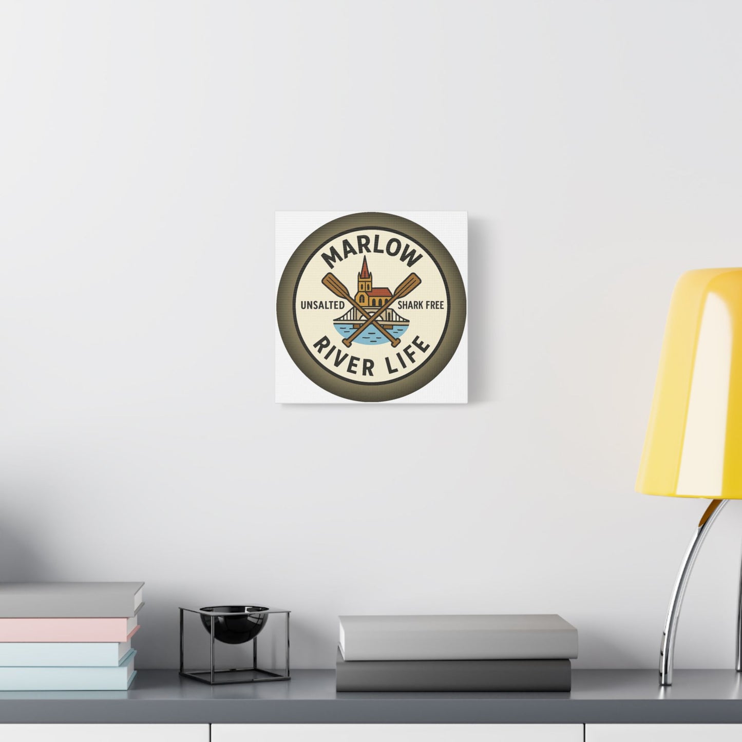 Satin Canvas Wall Art - Marlow River Life with Church and Bridge