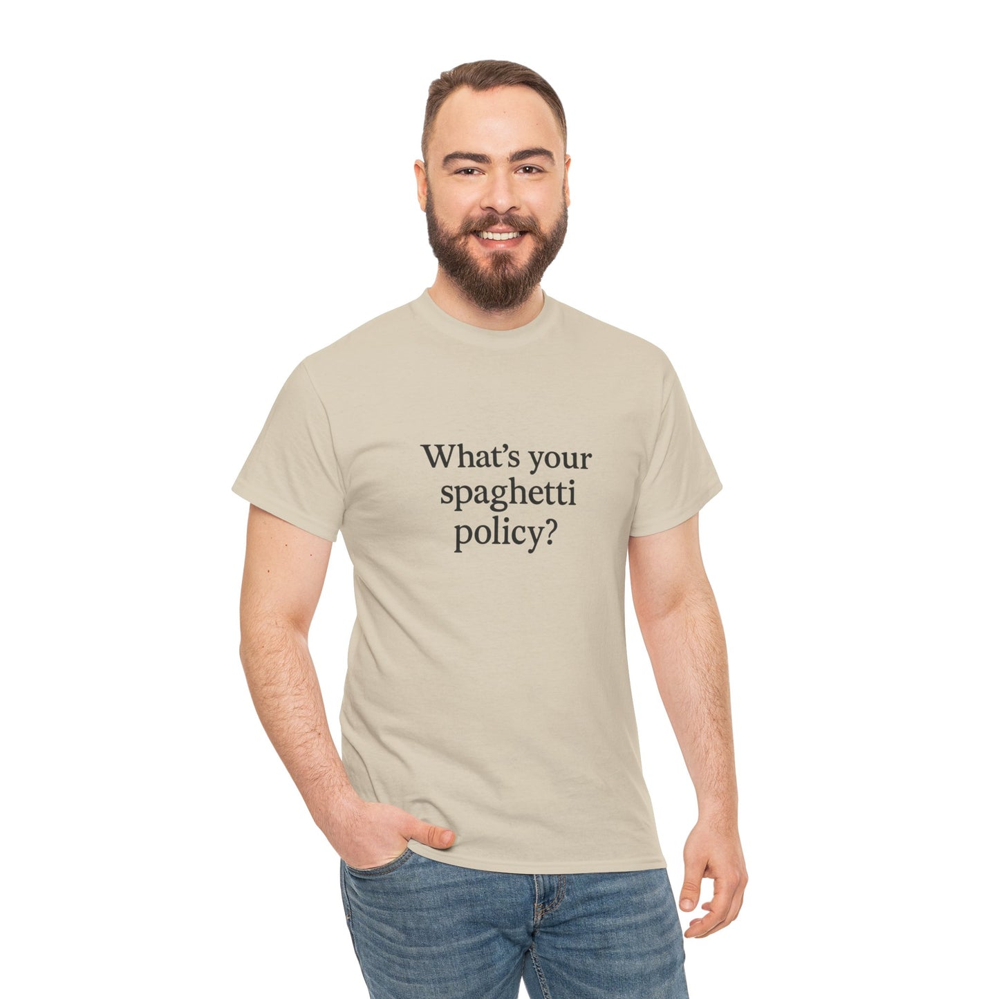 Funny Unisex Heavy Cotton Tee - 'Spagetti Policy?' Graphic T-Shirt