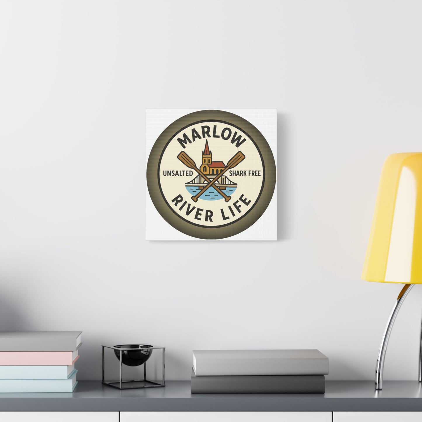 Satin Canvas Wall Art - Marlow River Life with Church and Bridge