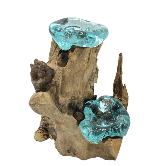 Out of Stock 27th Aug. Molton Glass Candle Double Holder on Wood. Product code: MGW-25