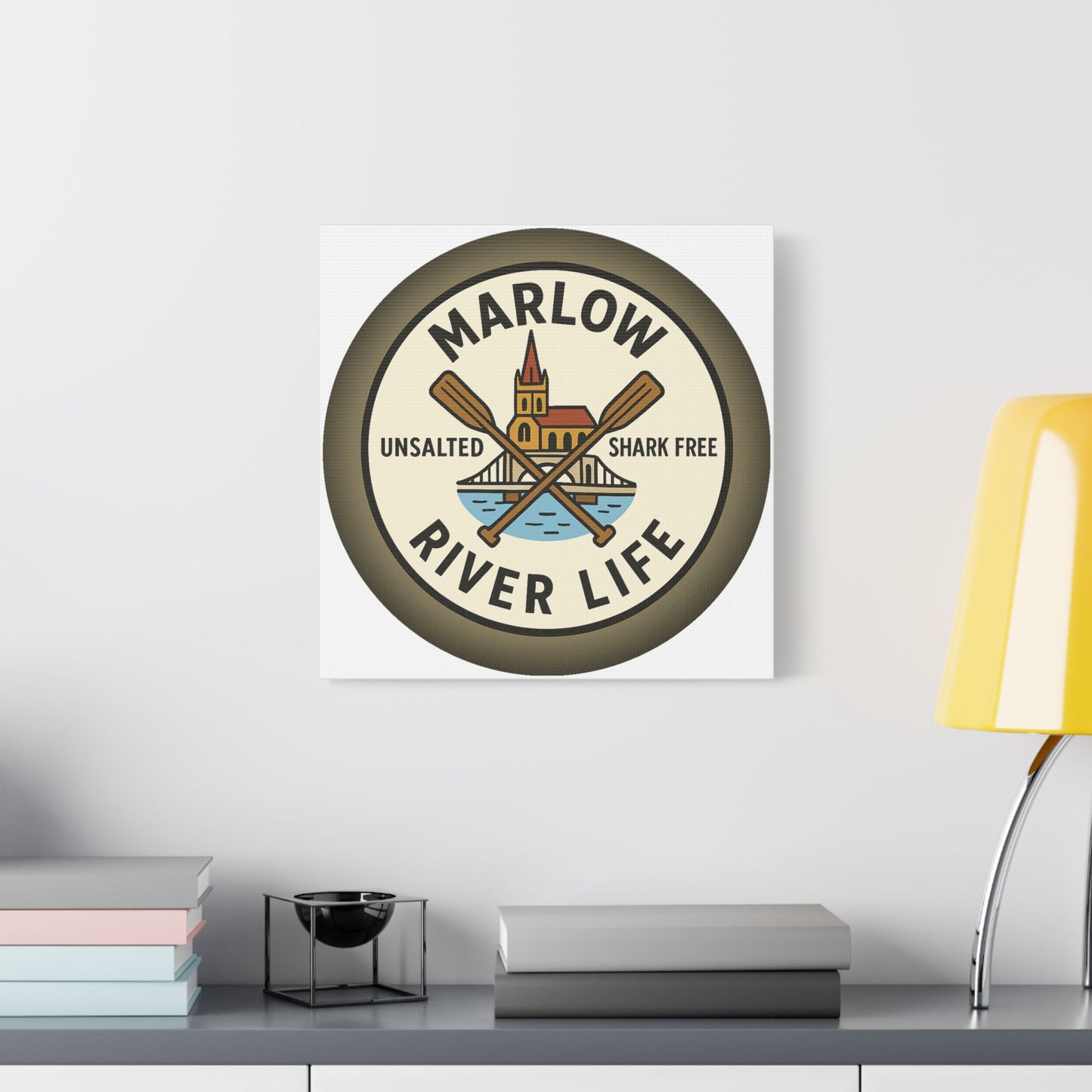 Satin Canvas Wall Art - Marlow River Life with Church and Bridge