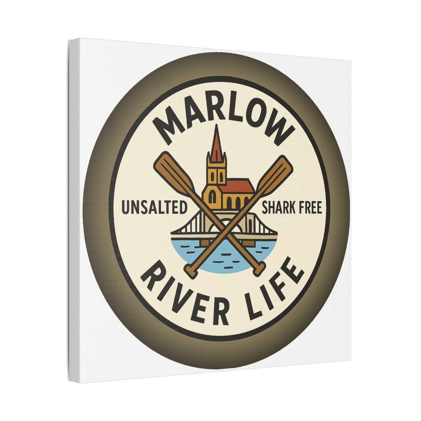 Satin Canvas Wall Art - Marlow River Life with Church and Bridge