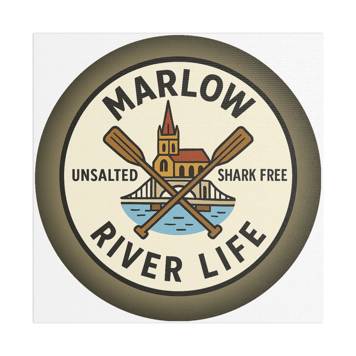 Satin Canvas Wall Art - Marlow River Life with Church and Bridge