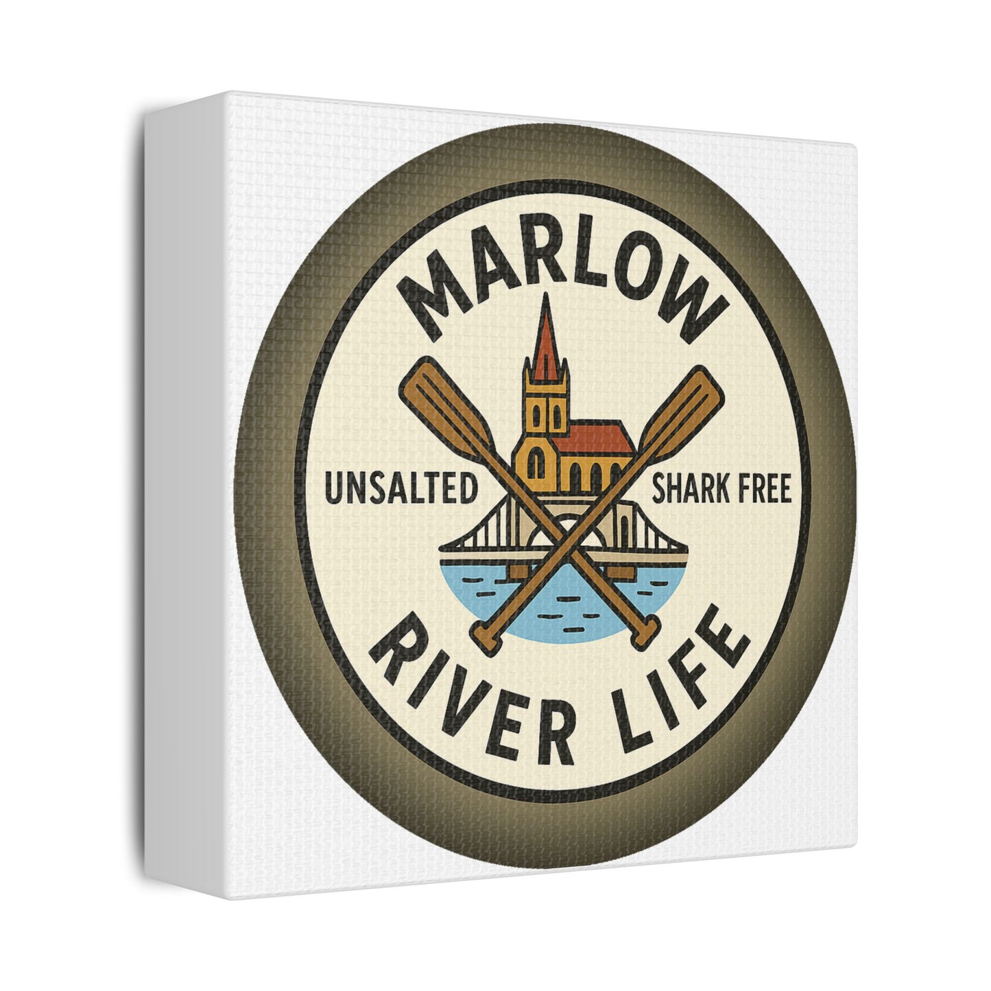 Satin Canvas Wall Art - Marlow River Life with Church and Bridge