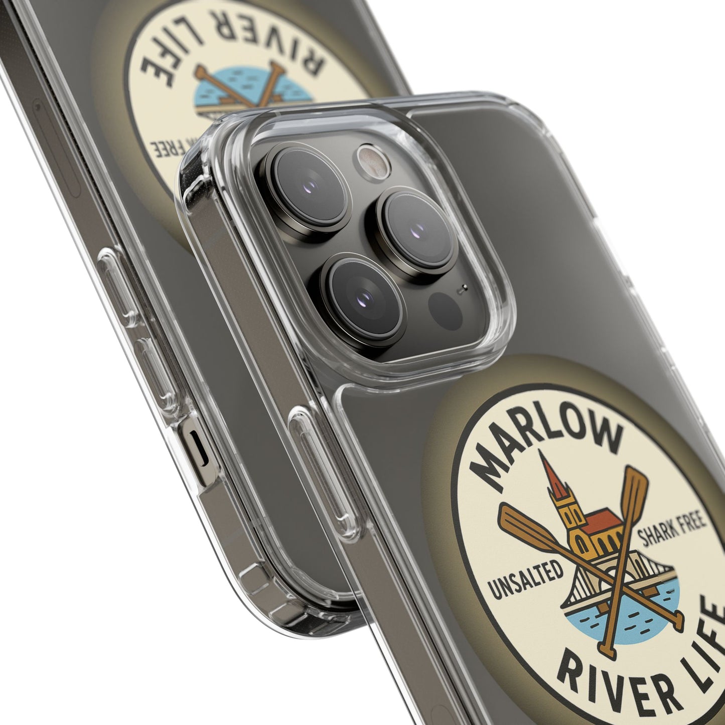 Marlow River Life Clear Phone Case - Unsalted & Shark Free Design