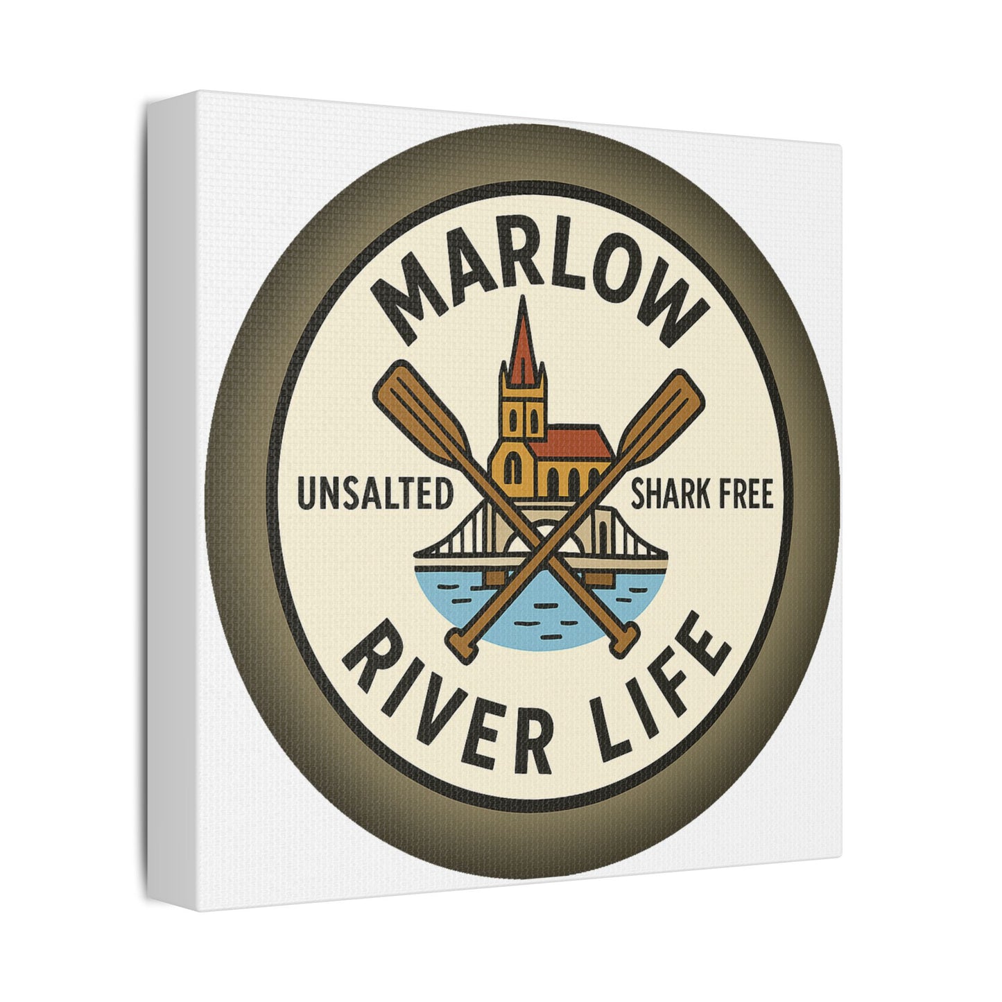 Satin Canvas Wall Art - Marlow River Life with Church and Bridge