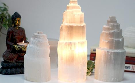 Selenite Tower Lamps and Candle Holders