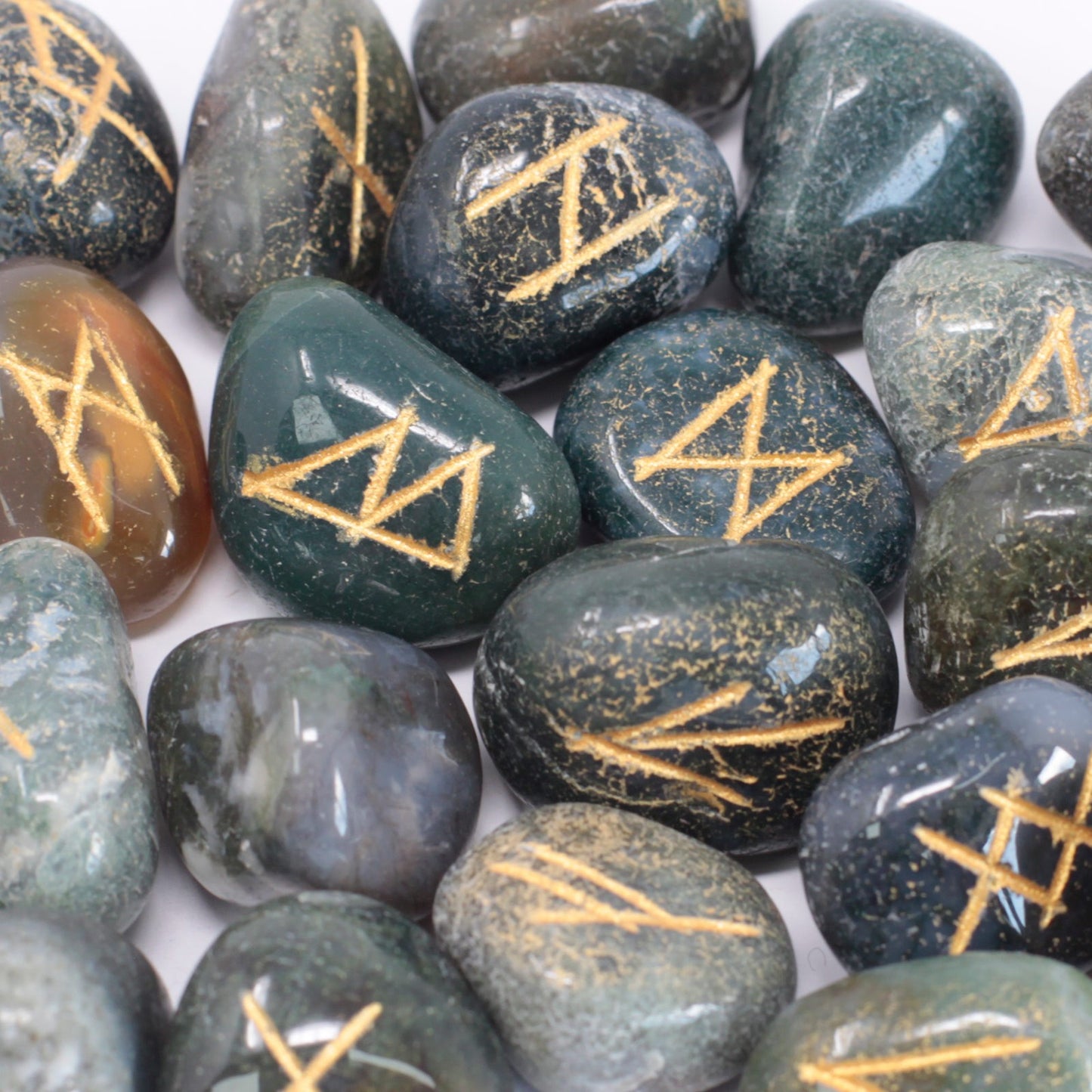 Out of Stock. Runes Stone Set in Pouch - Moss Agate