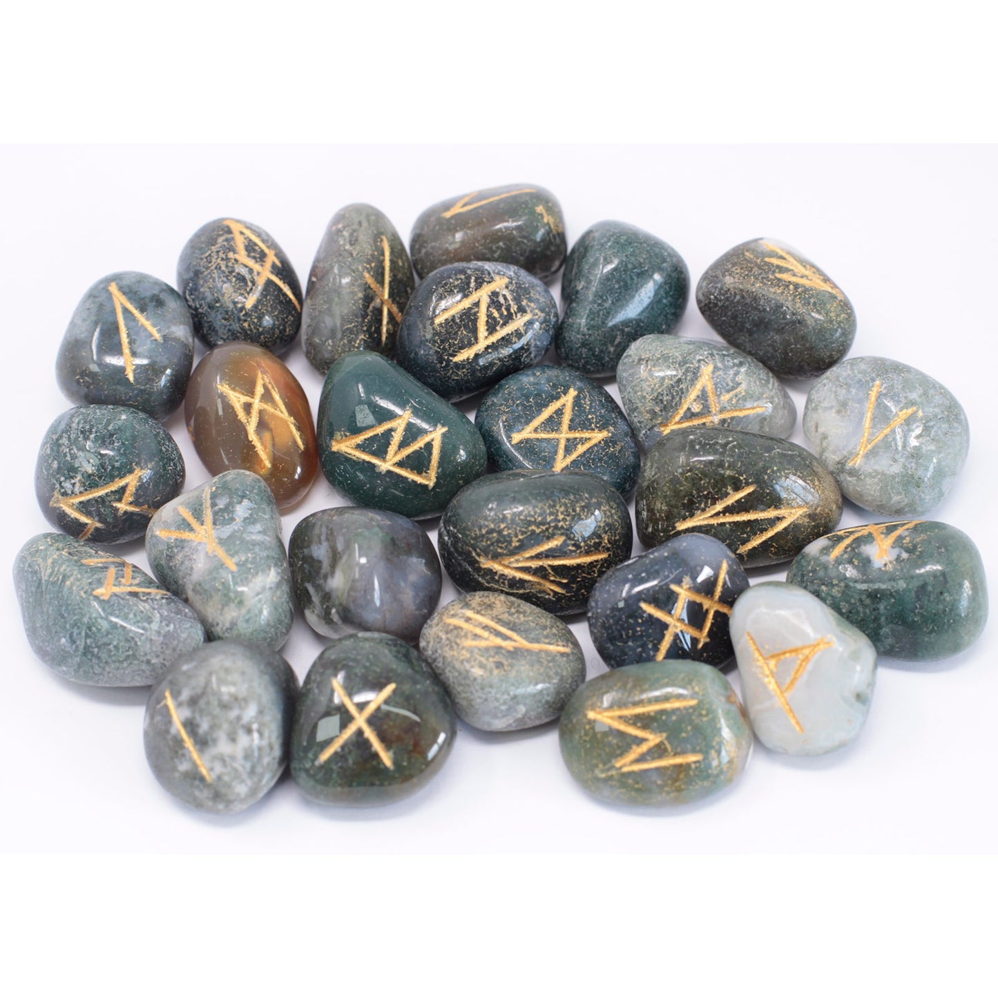 Out of Stock. Runes Stone Set in Pouch - Moss Agate