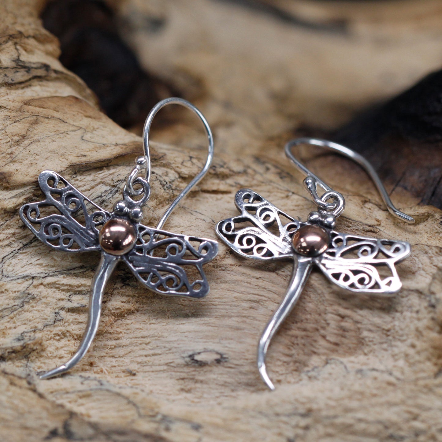 Silver & Gold Earring - Dragonflies. Out of stock