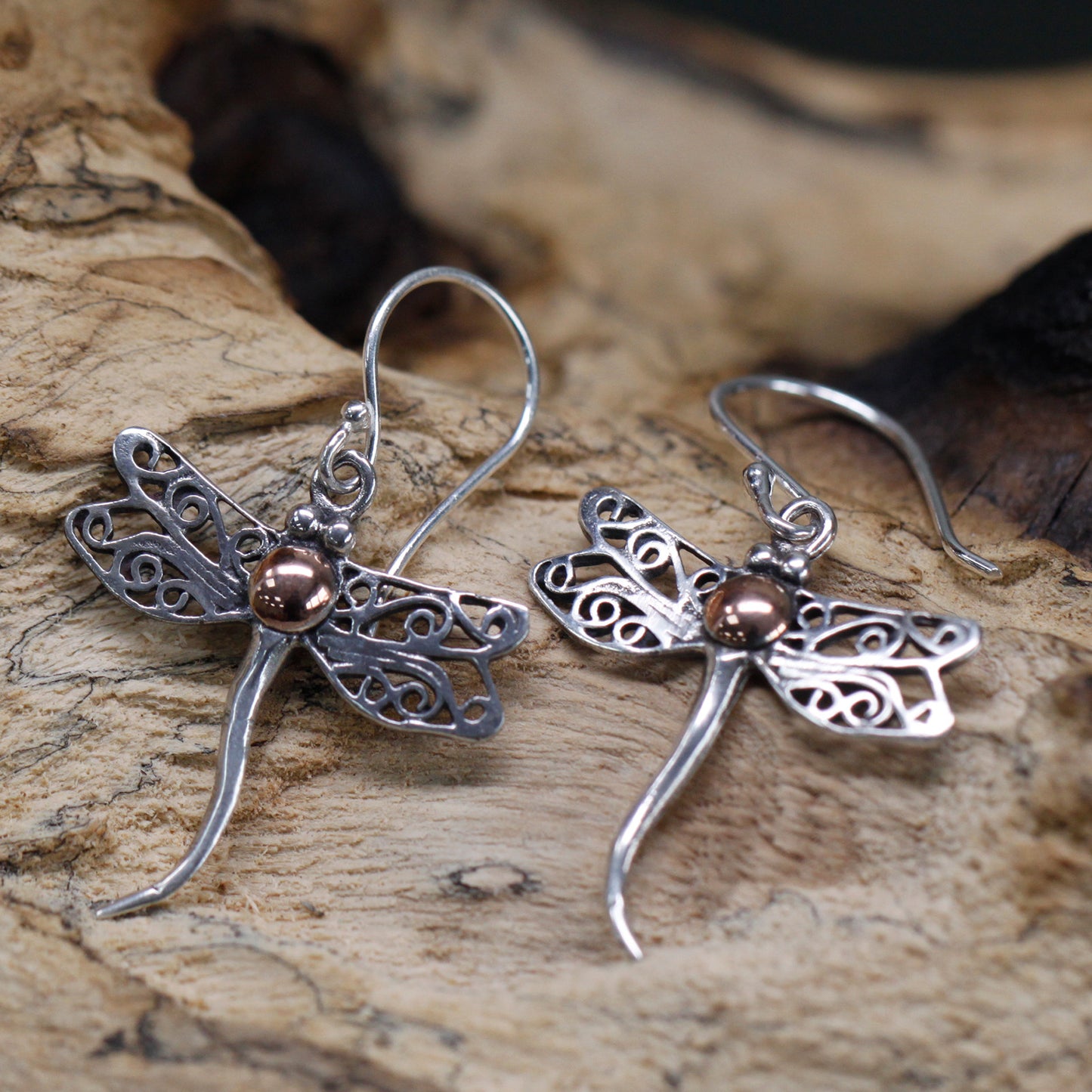 Silver & Gold Earring - Dragonflies. Out of stock