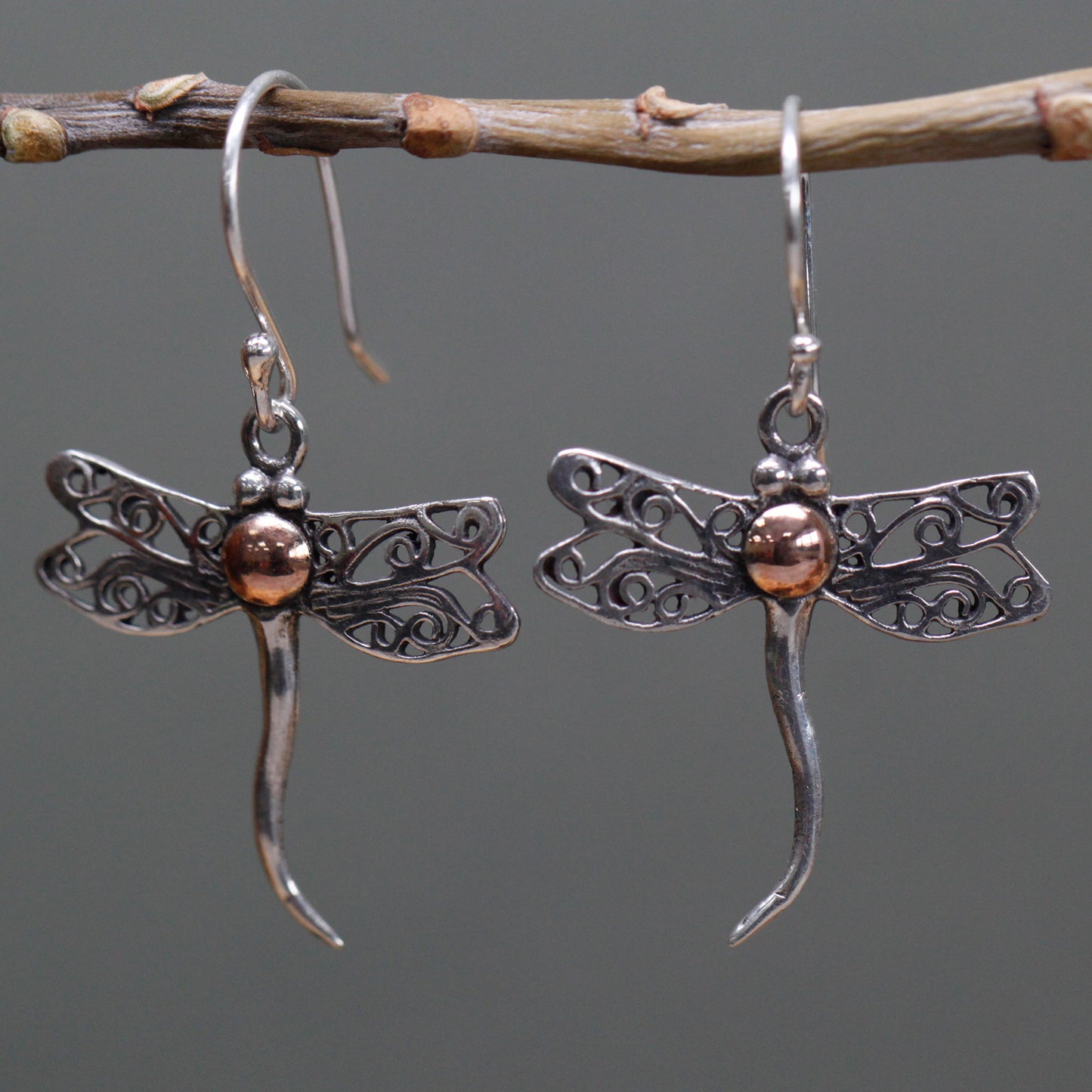 Silver & Gold Earring - Dragonflies. Out of stock