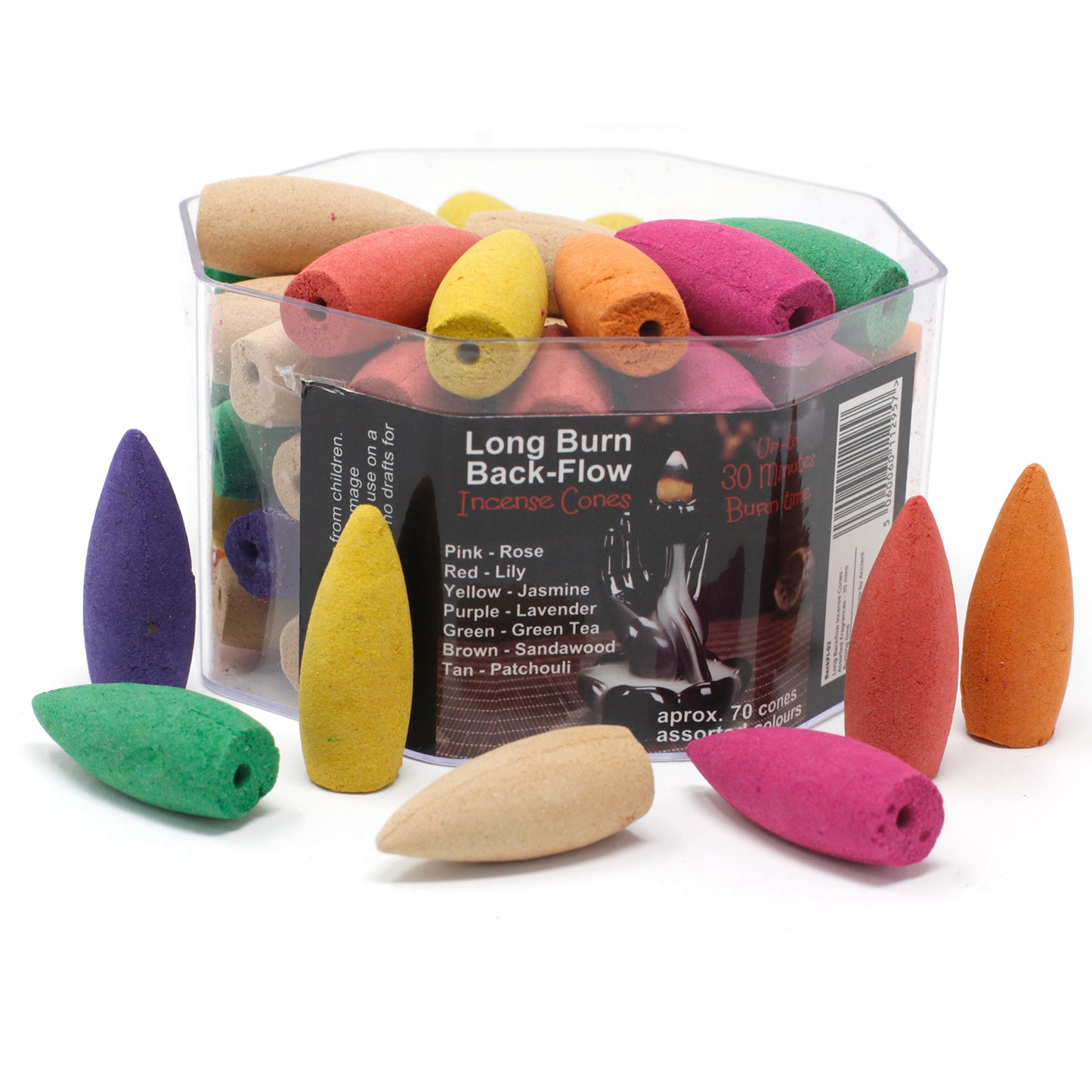 Long Backflow Incense Cones - Assorted Fragrances - 30 mins Burning time. Approx 70 Cones