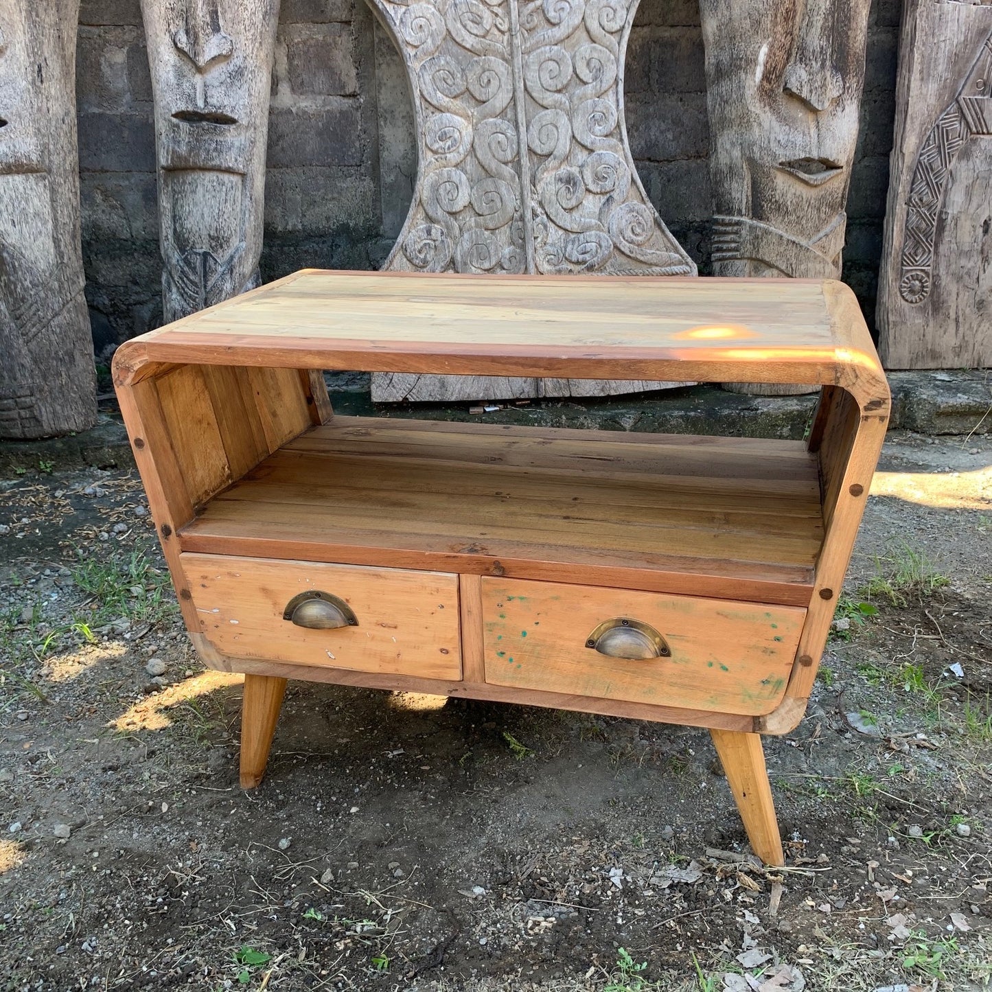 Small TV Stand with 2 Draws Round - Recycled Teak Wood. Product code: ACShop-13