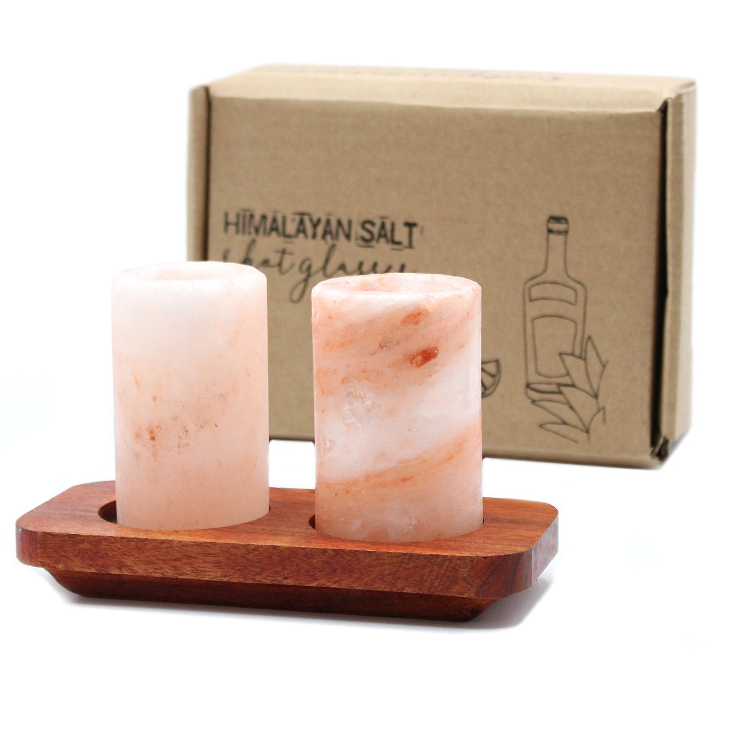 Set of 2 Himalayan Salt Shot Glasses & Wood Serving Tray