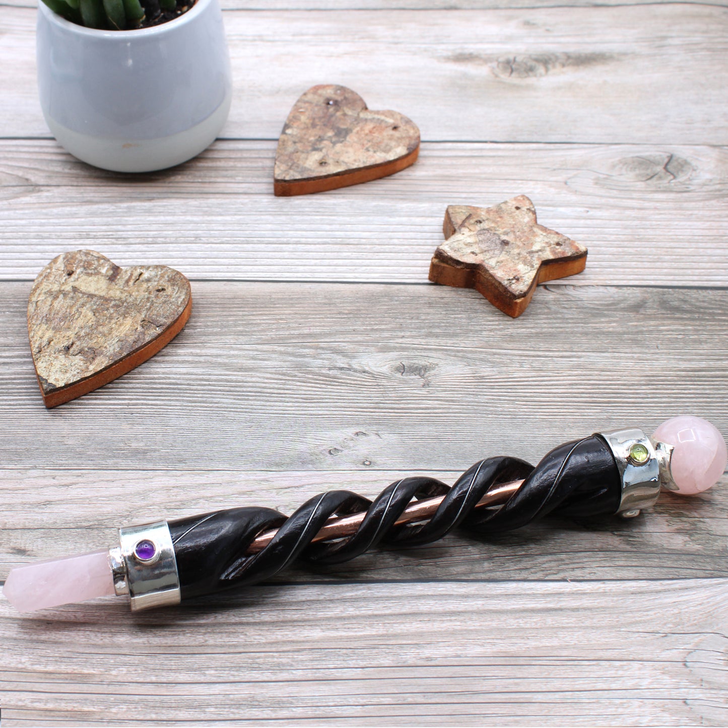 Spiral Carving Healing Wand - Copper Pipe Rose Quartz