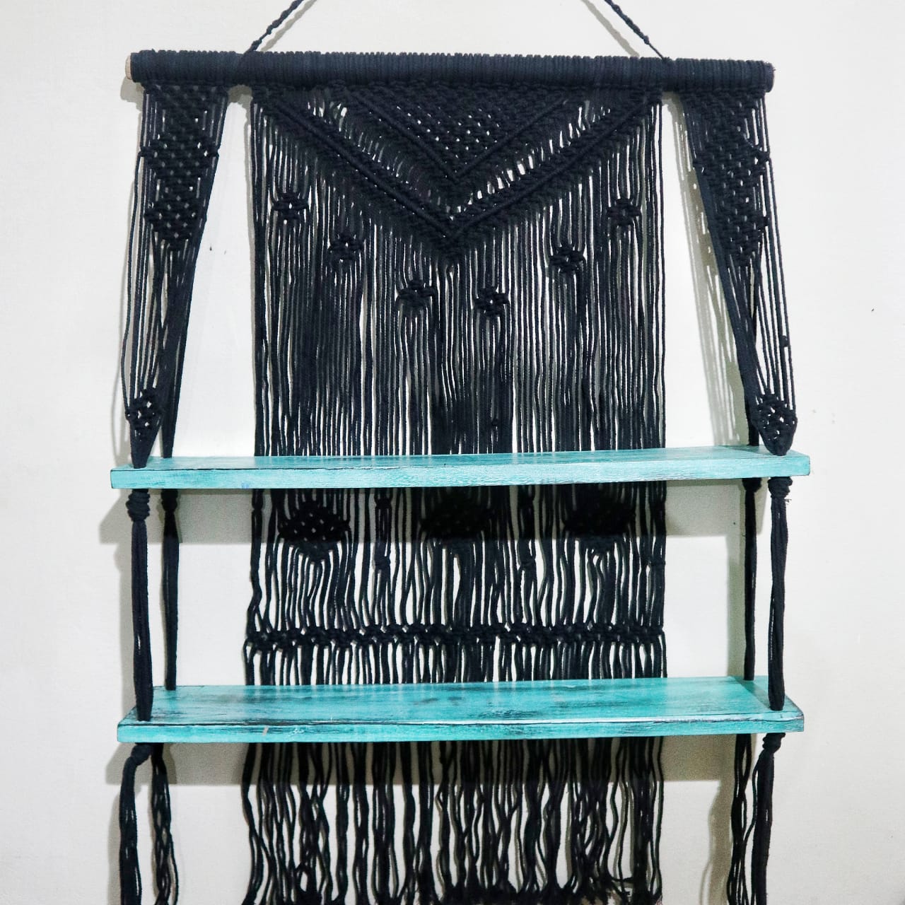 Black Macrame Hanging Shelves - Turquoise