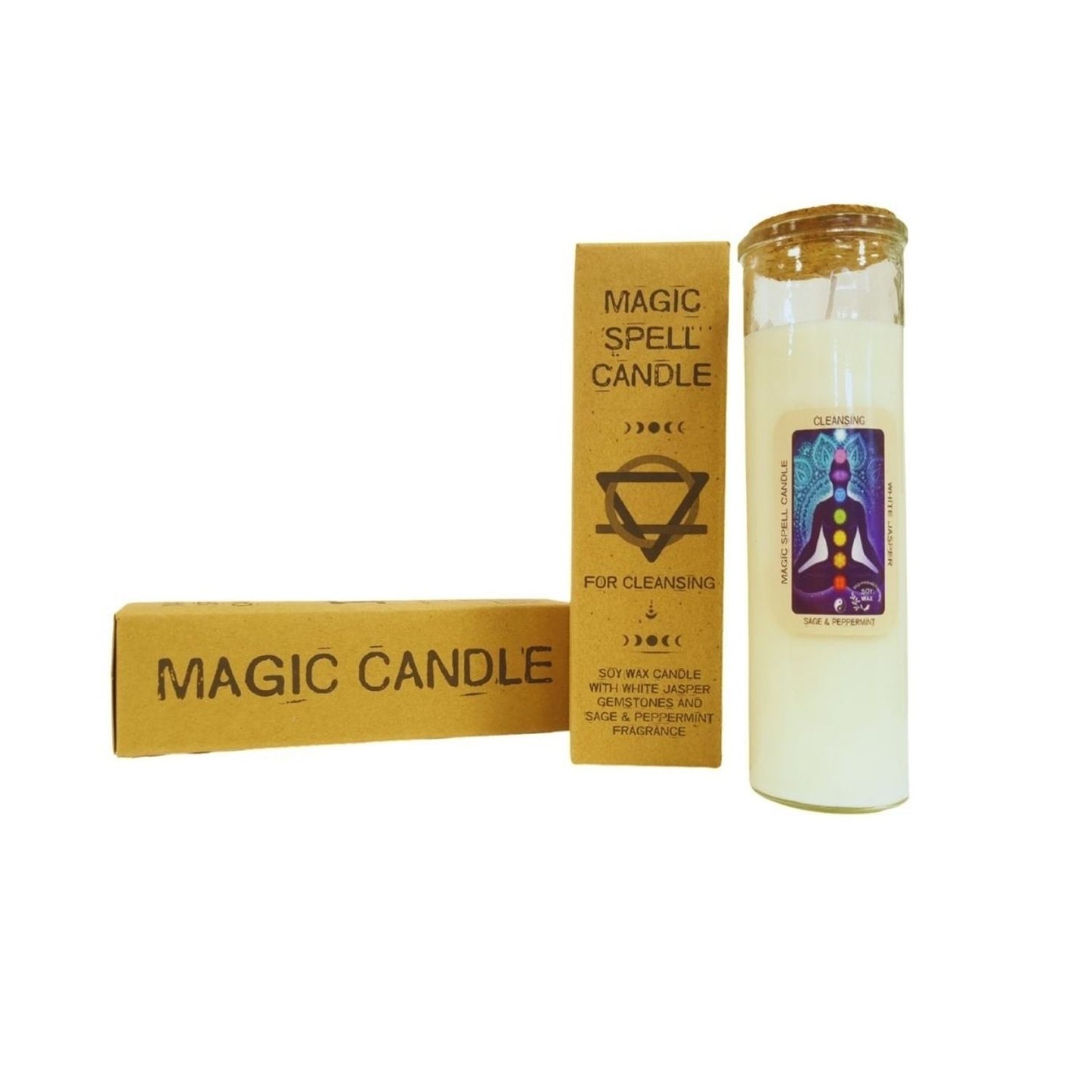 Magic Spell Candle - Cleansing. Soy Wax Candle with WHITE JASPER gemstones and SAGE & PEPPERMINT