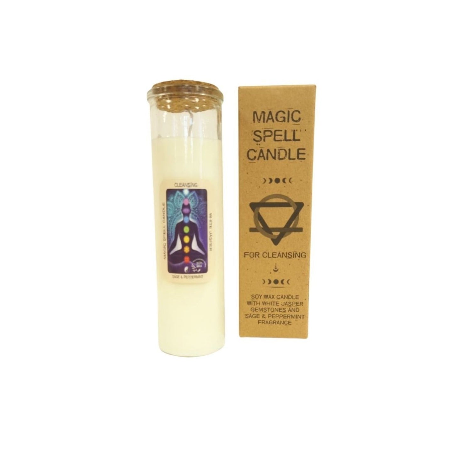 Magic Spell Candle - Cleansing. Soy Wax Candle with WHITE JASPER gemstones and SAGE & PEPPERMINT