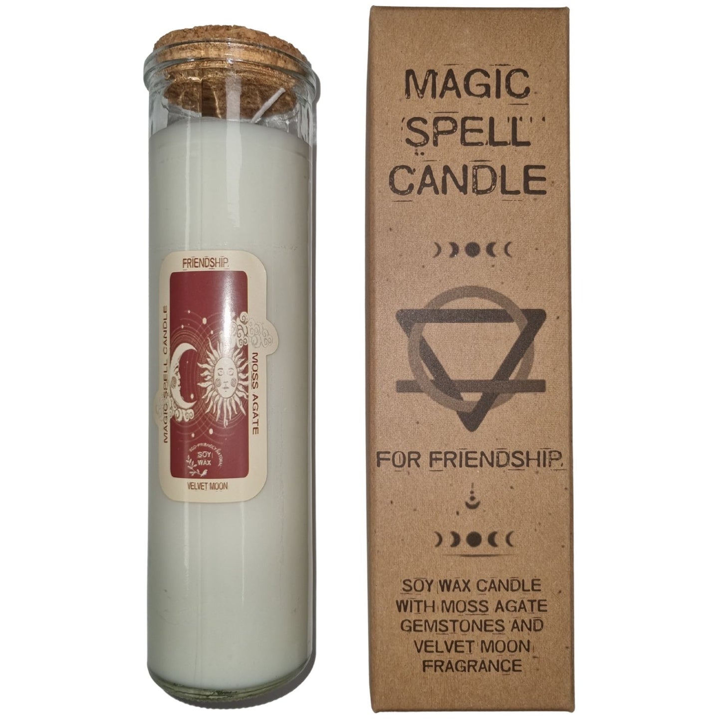 Magic Spell Candle - Friendship - Soy wax Candle with MOSS AGATE gemstones & VELVET MOON fragrance.