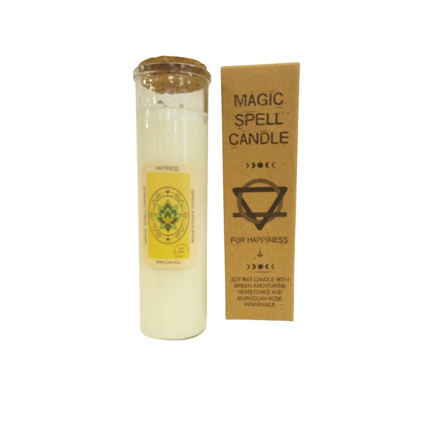 Magic Spell Candle - Happiness. Soy wax Candle with GREEN AVENTURINE gemstones & MOROCCAN ROSE fragrance