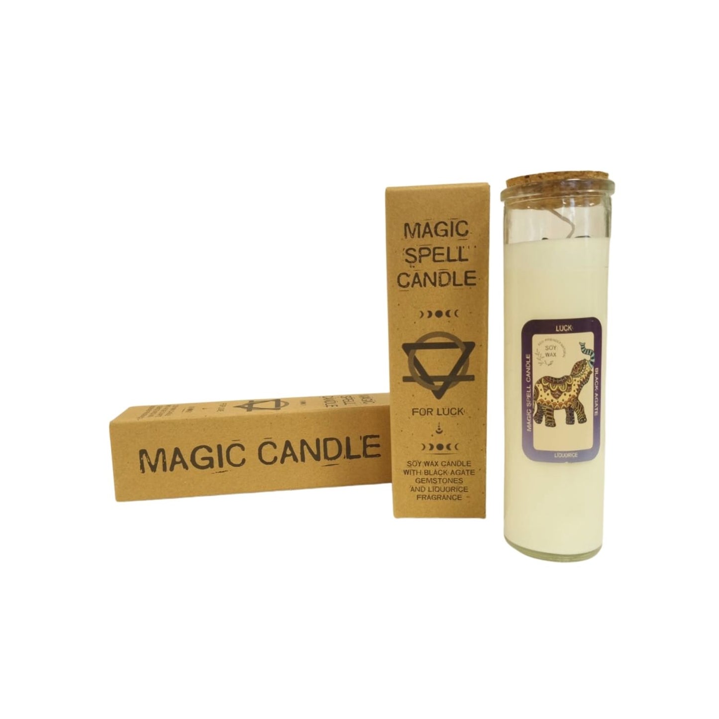 Magic Spell Candle - Luck. Soy wax Candle with BLACK AGATE gemstones & LIQUORICE fragrance