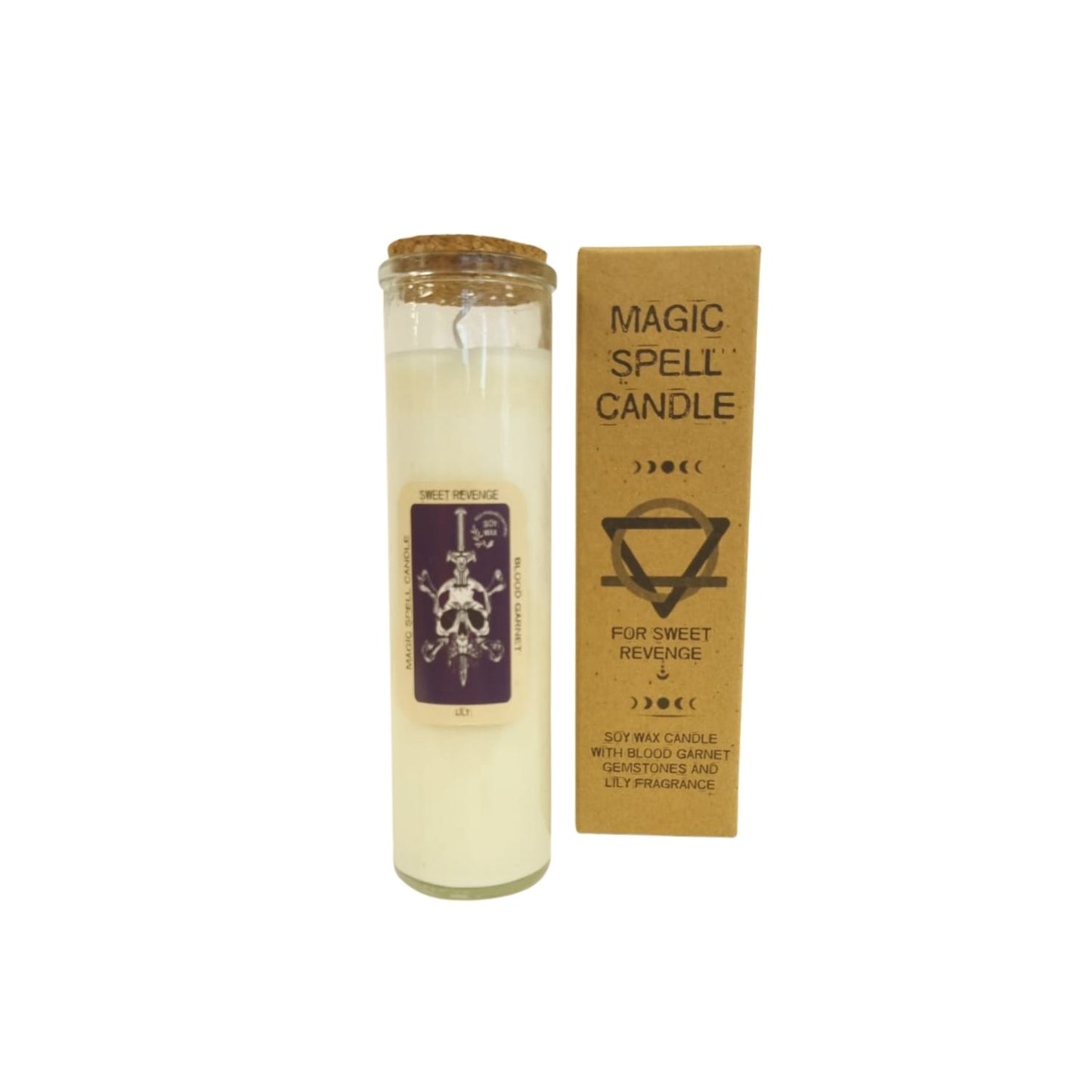 Magic Spell Candle - Sweet Revenge. Soy wax Candle with BLOOD GARNET gemstones & LILY fragrance