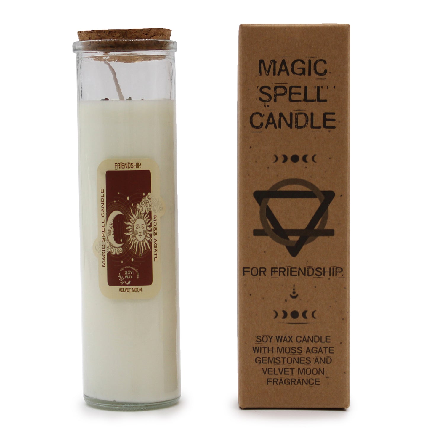 Magic Spell Candle - Friendship - Soy wax Candle with MOSS AGATE gemstones & VELVET MOON fragrance.