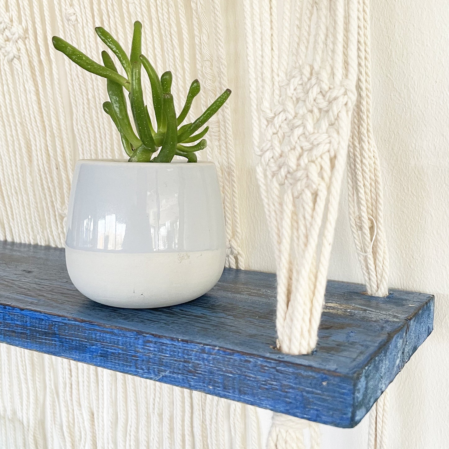 Natural Macrame Hanging Shelves - Blue