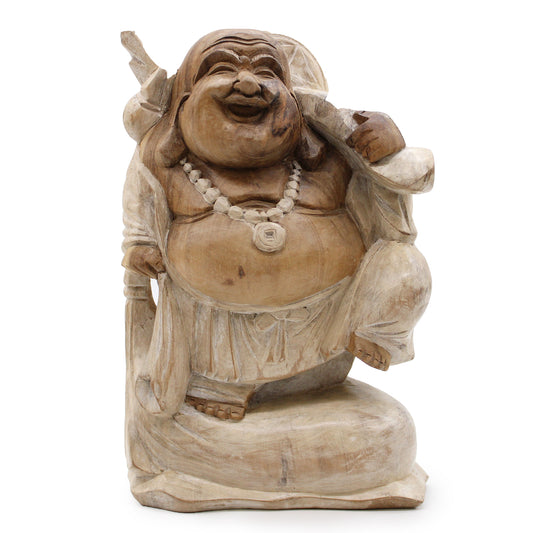 Happy Buddha Bring Wood - Whitewash 30cm HCBS-17