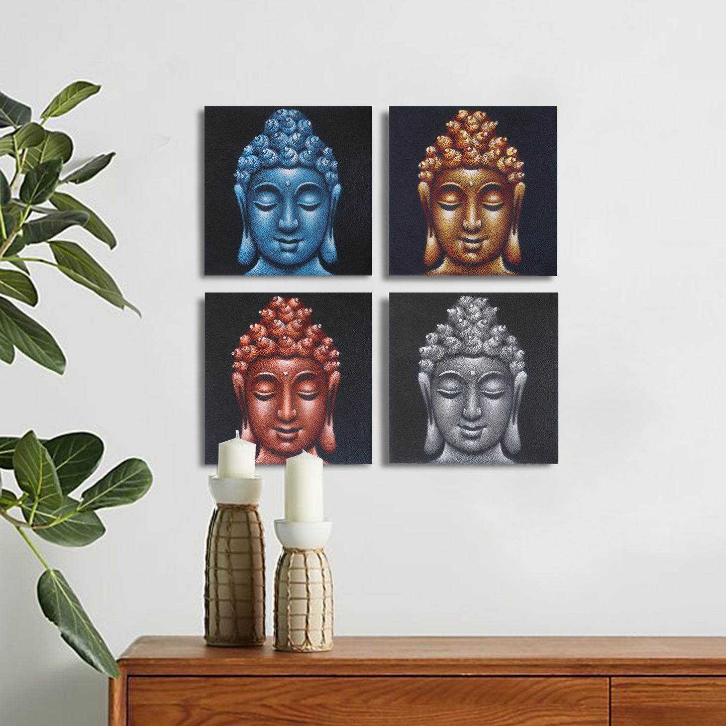 Set of 4 Buddha Heads Sand Detail 30x30cm. Product Code: BAP-15