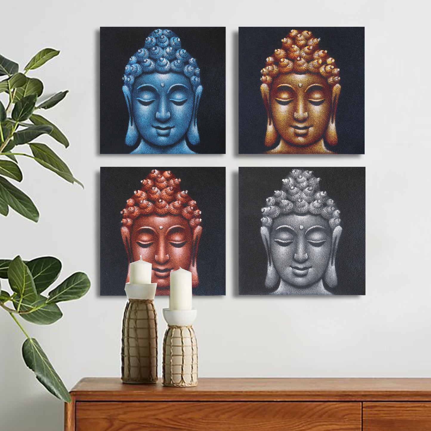 Set of 4 Buddha Heads Sand Detail 40x40cm. Product Code: BAP-16