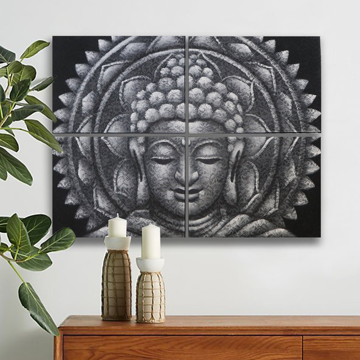 Set of 4 Grey Buddha Mandala Brocade Detail 30x40cm. Product Code: BAP-18