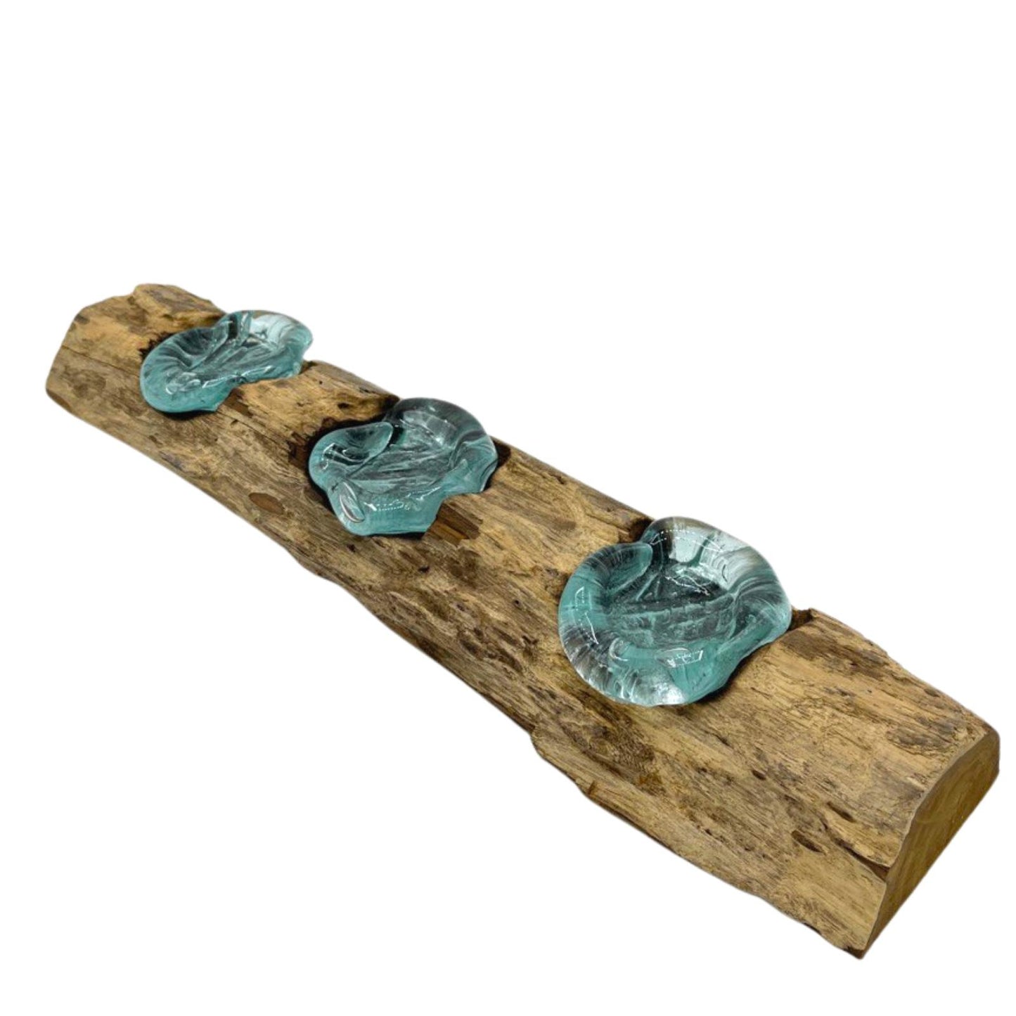 Molton Glass Flat Triple Candle Holder on Wood. Product code: MGW-27