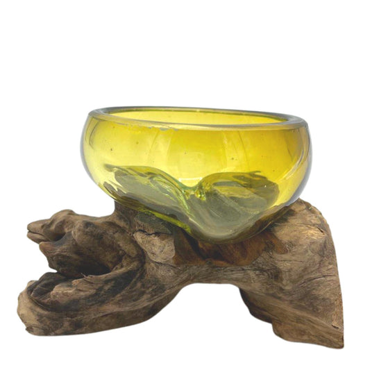 Molton Glass Mini Amber Bowl on Wood. Product code: MGW-33