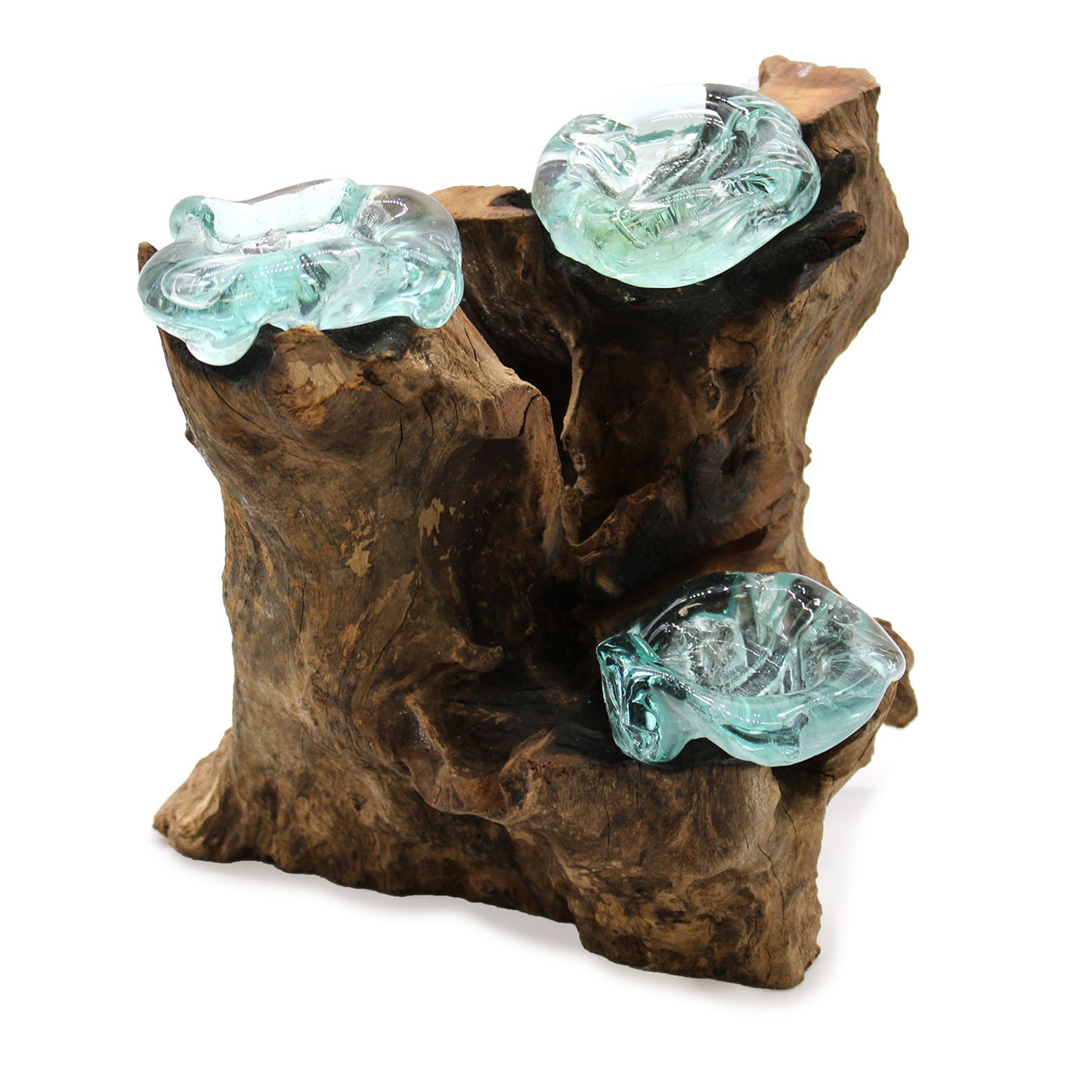 Molton Glass Triple Candle Holder on Wood. Product code: MGW-26