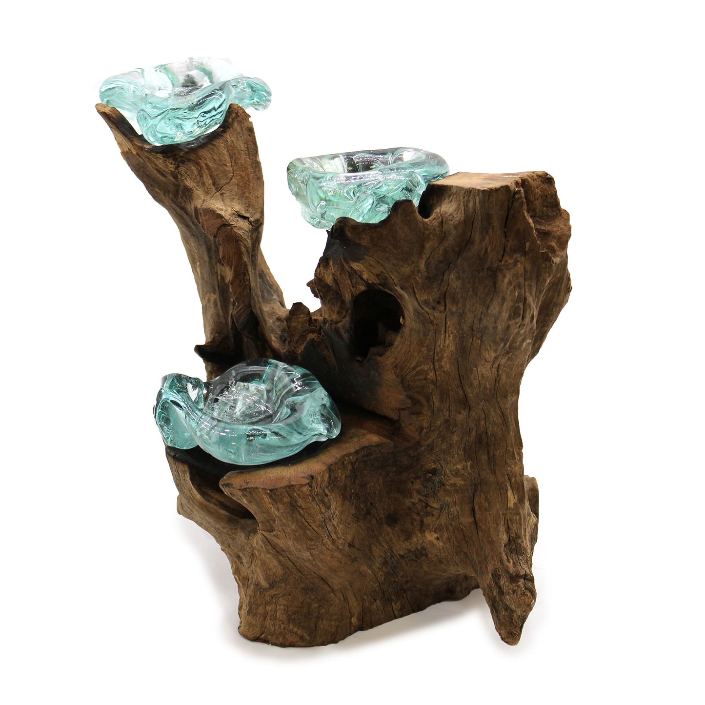 Molton Glass Triple Candle Holder on Wood. Product code: MGW-26