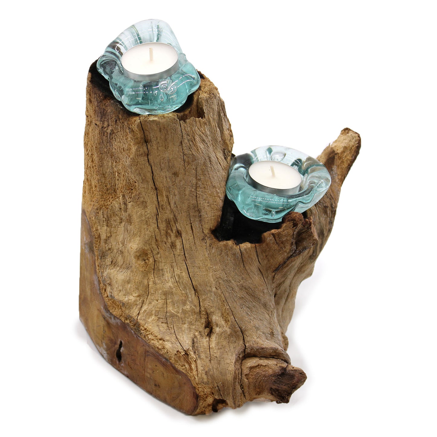 Back in Stock 27th Aug. Molton Glass Candle Double Holder on Wood. Product code: MGW-25