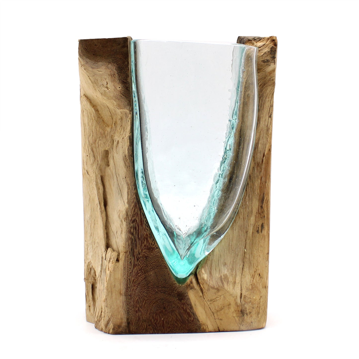 Back in Stock 27th Aug. Molton Glass V-shaped Art Vase on Wood. Product code: MGW-29