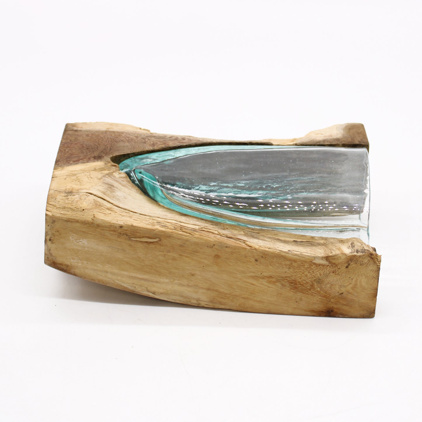 Back in Stock 27th Aug. Molton Glass V-shaped Art Vase on Wood. Product code: MGW-29