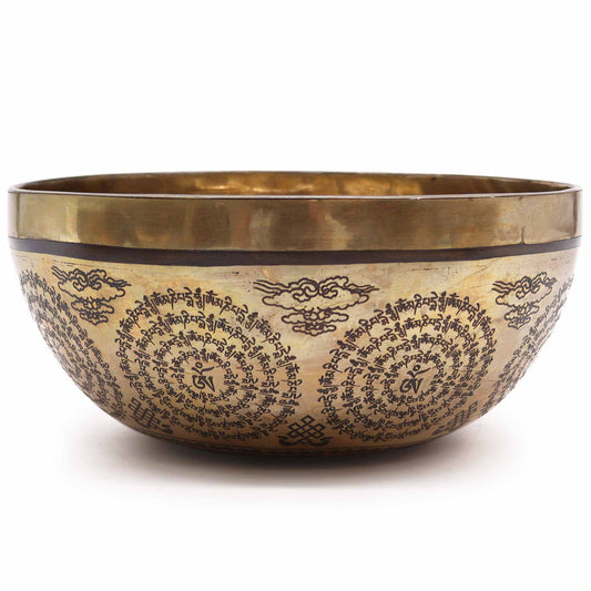 Low stock. Tibetan Healing Engraved Bowl - 21cm - Om & Buddha