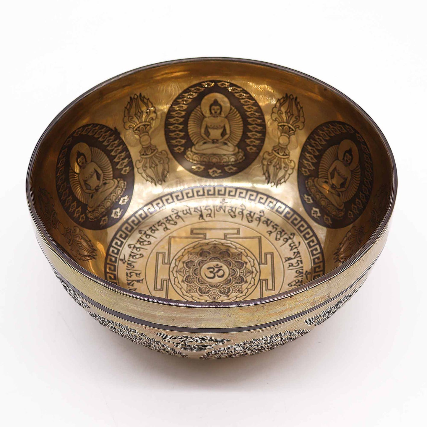 Low stock. Tibetan Healing Engraved Bowl - 21cm - Om & Buddha